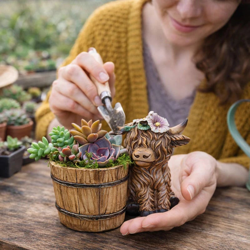 🐮Adorable Ceramic Highland Cow with Wooden Barrel Planter for Succulents