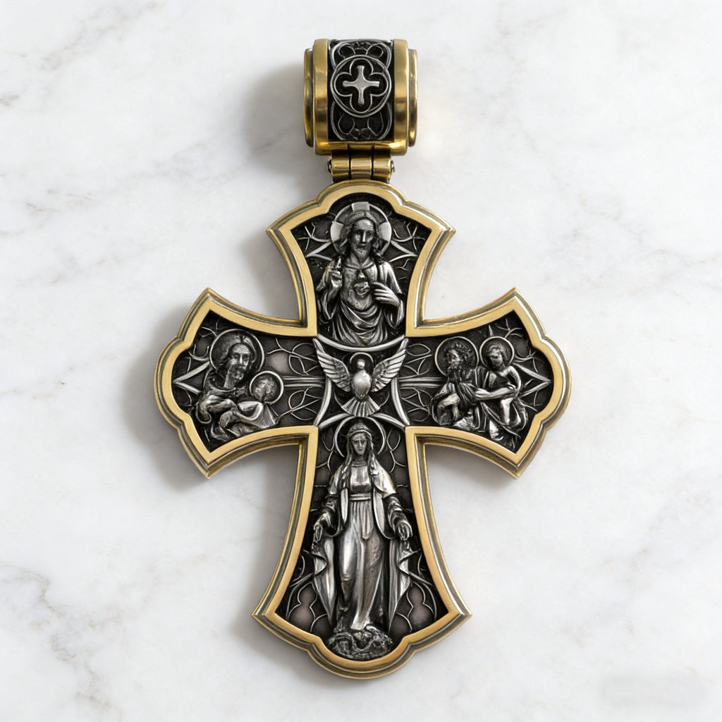 Holy Family of Mary Sacred Heart of Jesus IHS Double-Sided S925 Sterling Silver Cross