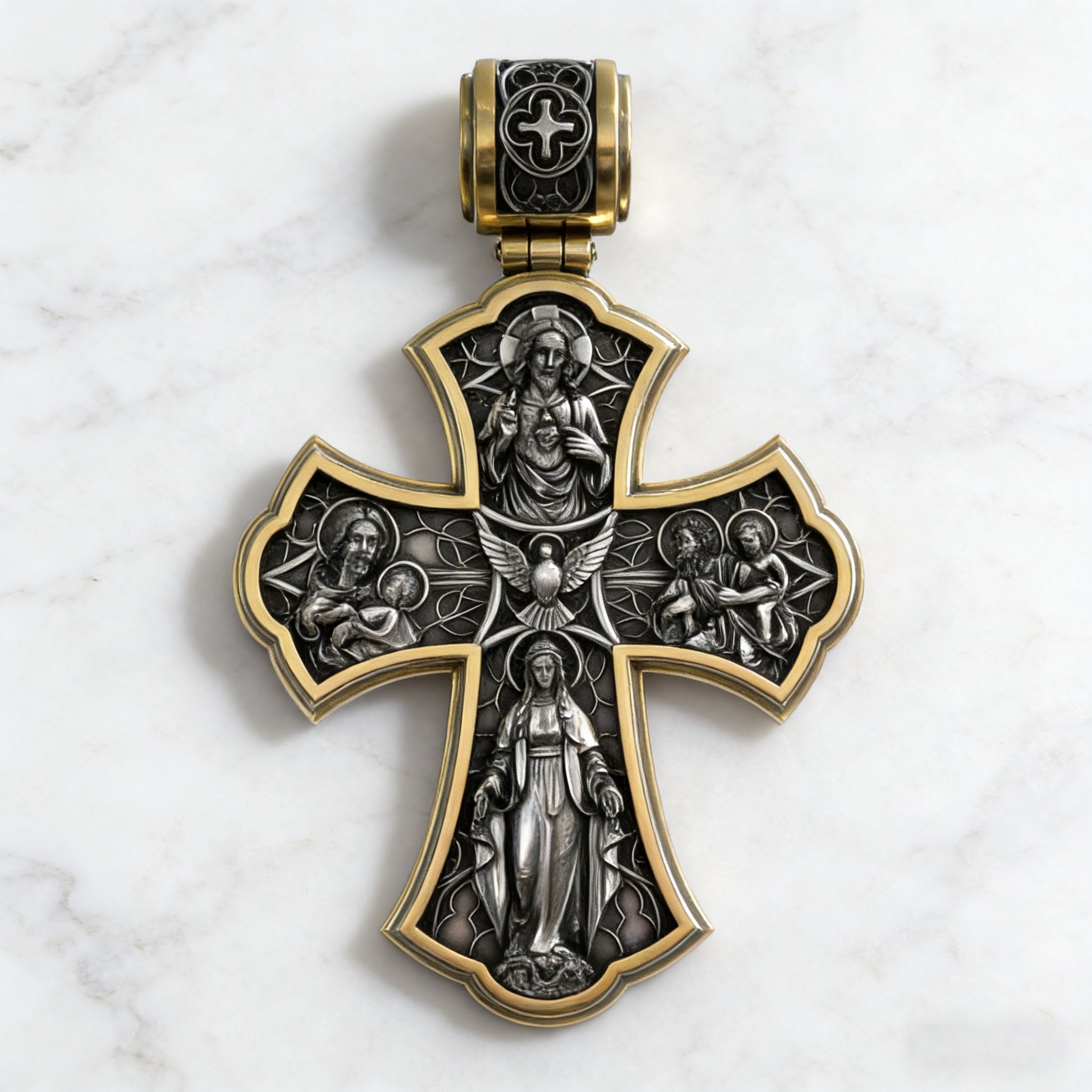Holy Family of Mary Sacred Heart of Jesus IHS Double-Sided S925 Sterling Silver Cross