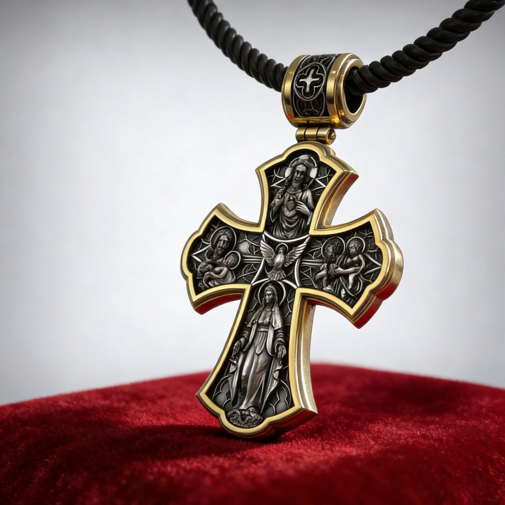 Holy Family of Mary Sacred Heart of Jesus IHS Double-Sided S925 Sterling Silver Cross