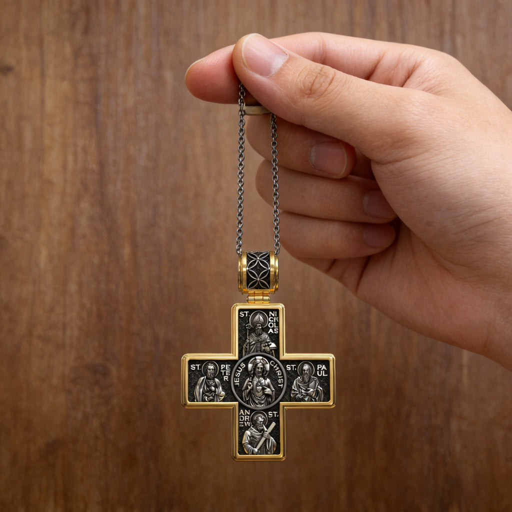 Double-Sided S925K Sterling Silver Sacred Heart and Saint Cross Pendant—Your Daily Spiritual Companion