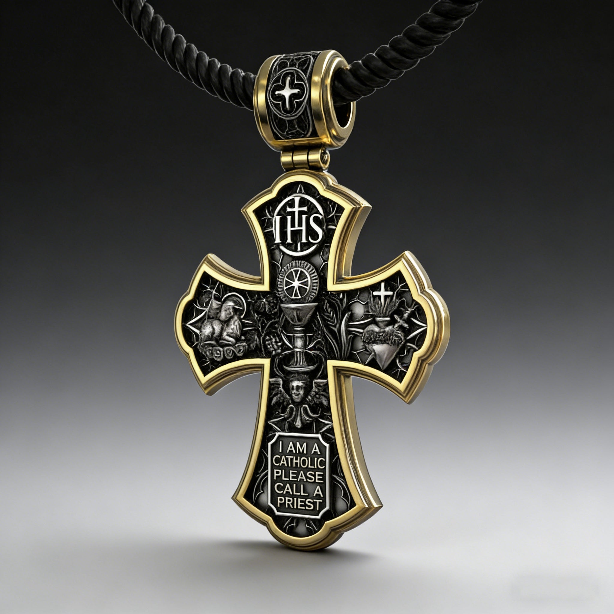 Holy Family of Mary Sacred Heart of Jesus IHS Double-Sided S925 Sterling Silver Cross