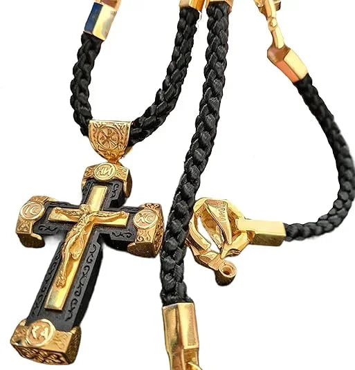 Gold-colored Braided Leather Cord Crucifix Necklace