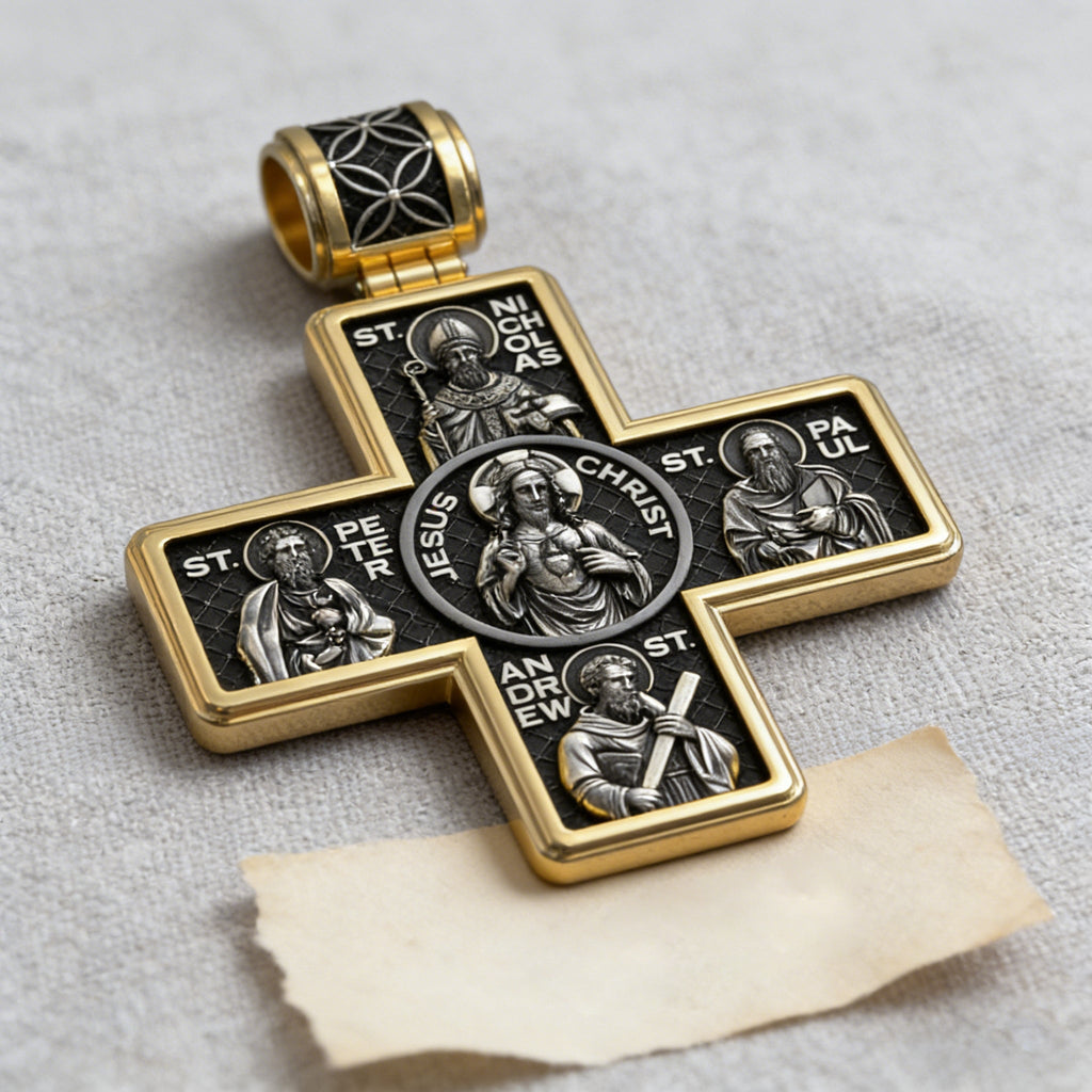 Double-Sided S925K Sterling Silver Sacred Heart and Saint Cross Pendant—Your Daily Spiritual Companion