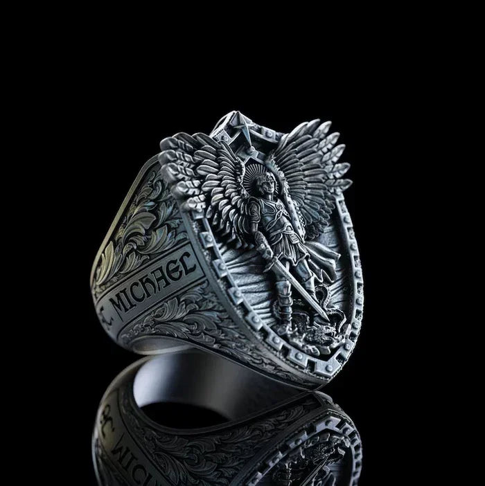 Archangel Michael Titanium Steel Bracelet S925K Silver Ring Set