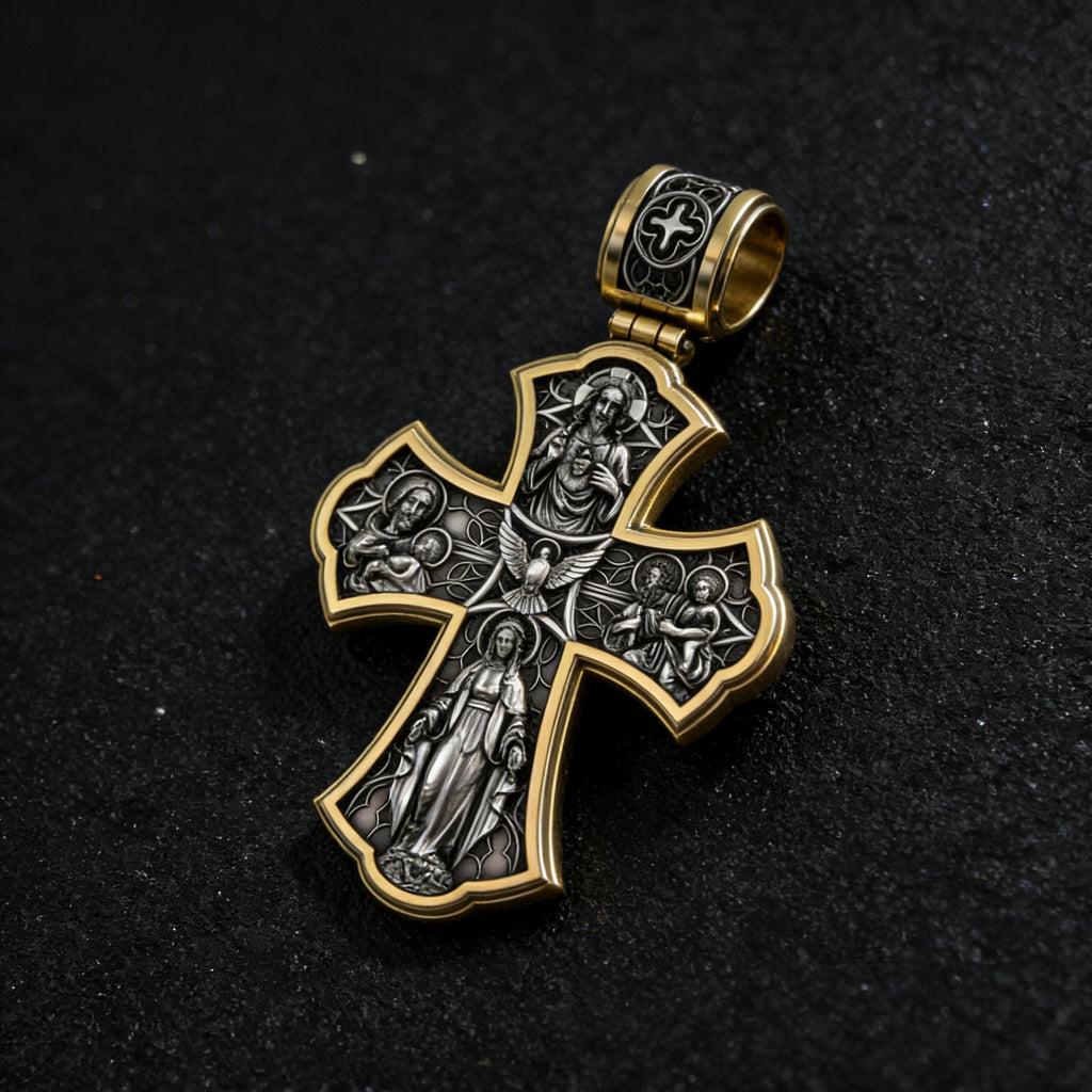 Holy Family of Mary Sacred Heart of Jesus IHS Double-Sided S925 Sterling Silver Cross