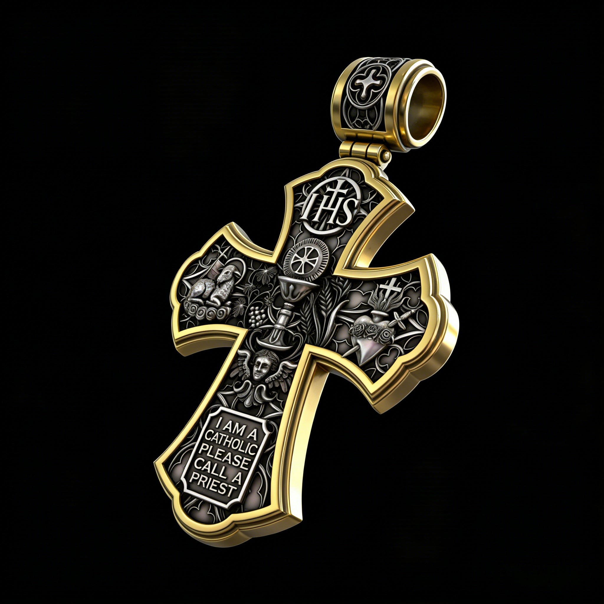 Holy Family of Mary Sacred Heart of Jesus IHS Double-Sided S925 Sterling Silver Cross