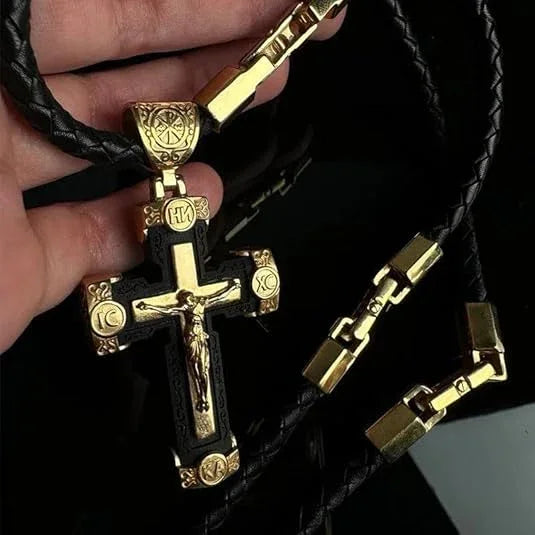 Gold-colored Braided Leather Cord Crucifix Necklace