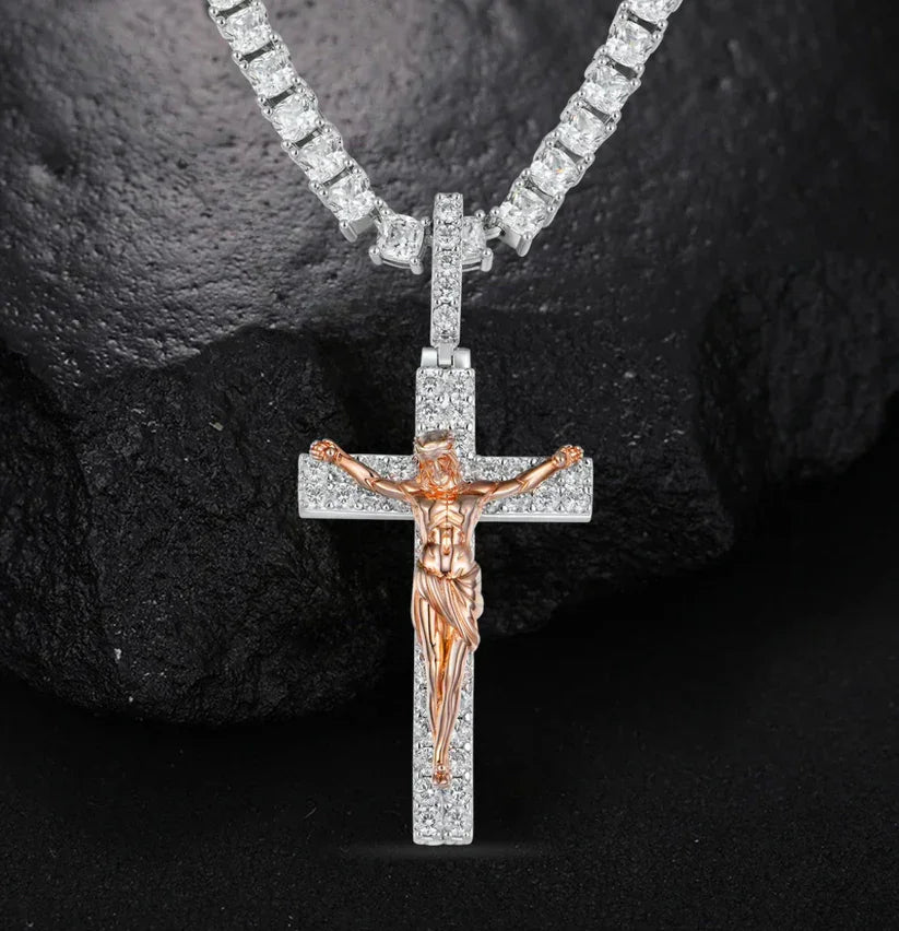 Artisan-Carved Copper Jesus Cross Pendant - Moissanite-Encrusted Hip Hop Religious Necklace