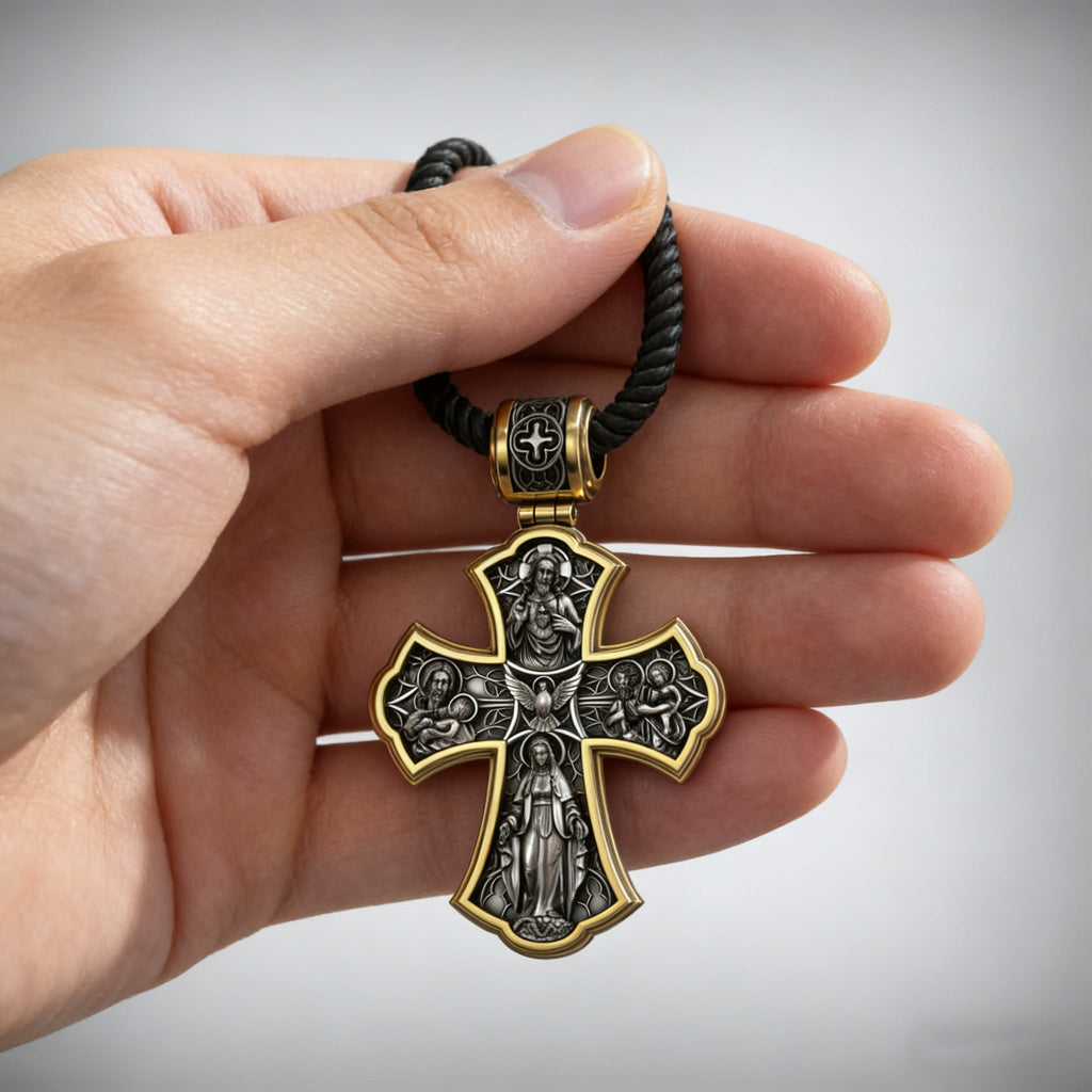 Holy Family of Mary Sacred Heart of Jesus IHS Double-Sided S925 Sterling Silver Cross