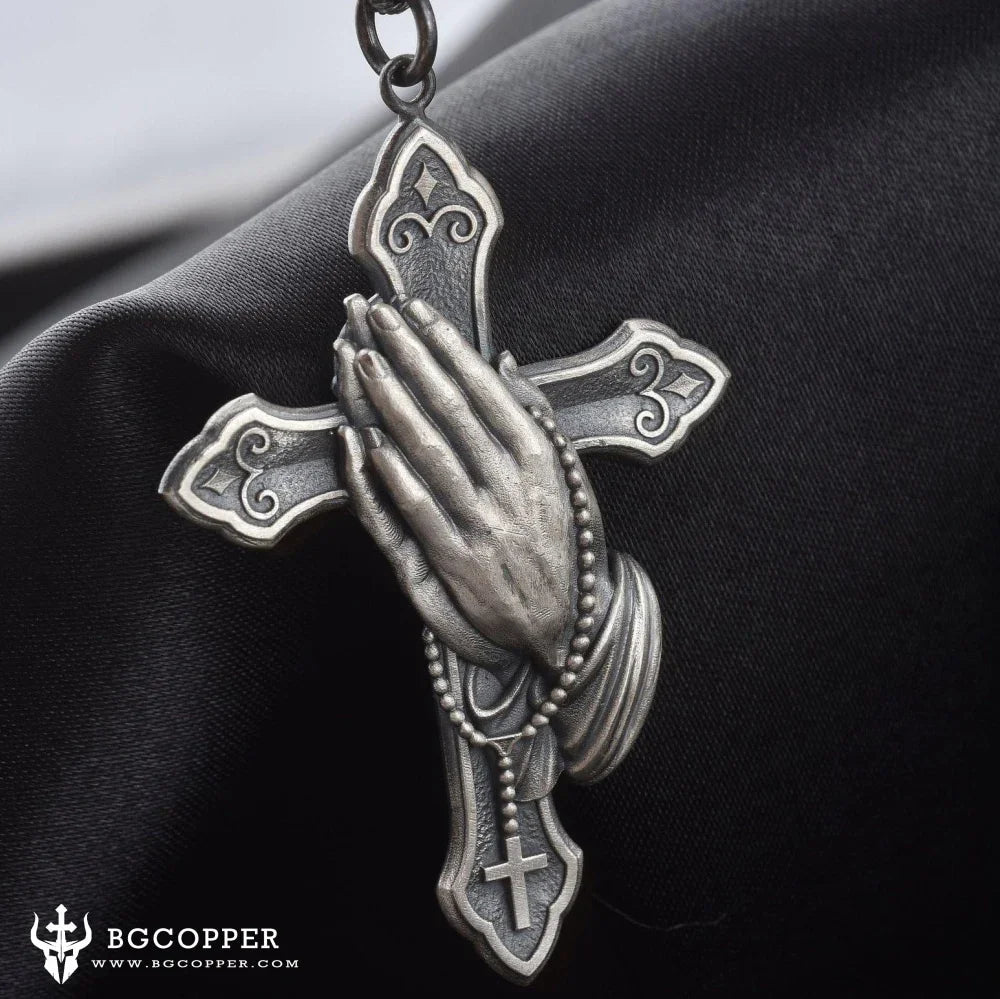Pure Tin Praying Hand and Crucifix Pendant Necklace