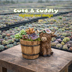 🐮Adorable Ceramic Highland Cow with Wooden Barrel Planter for Succulents