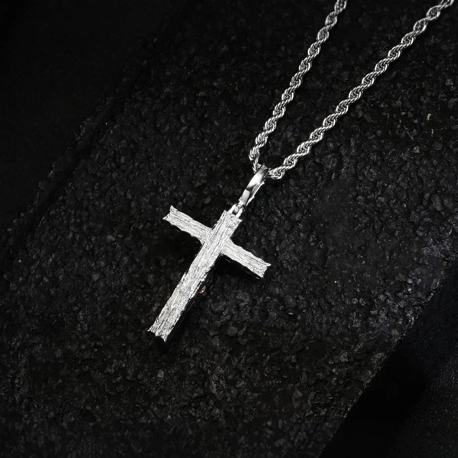 Artisan-Carved Copper Jesus Cross Pendant - Moissanite-Encrusted Hip Hop Religious Necklace