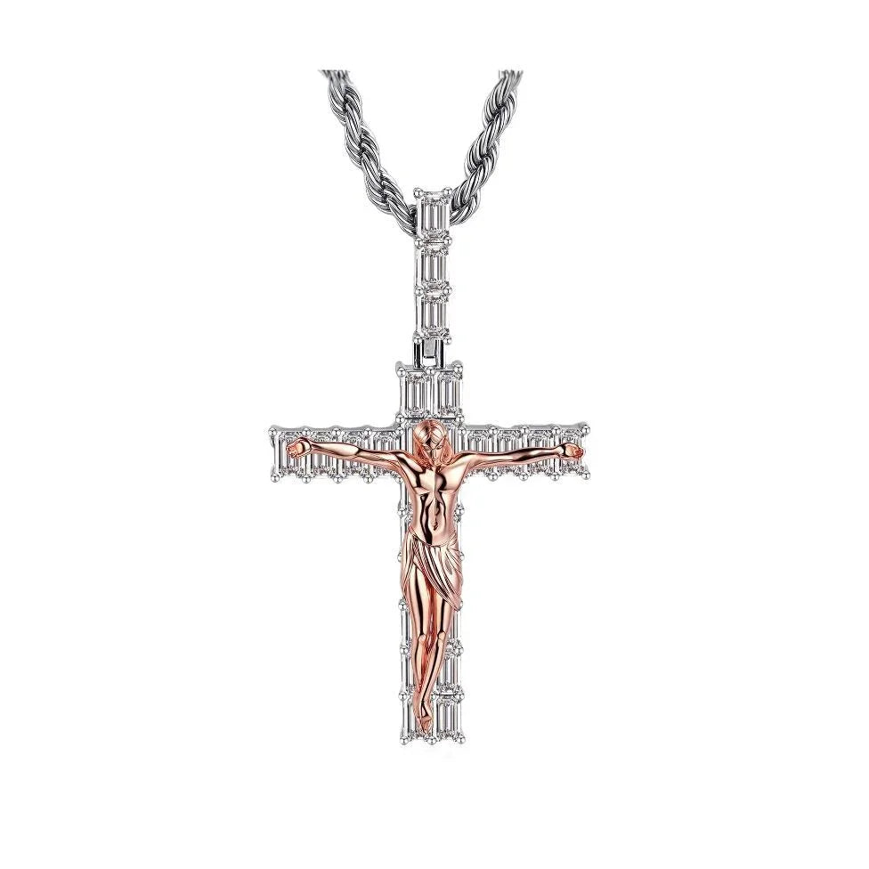 Artisan-Carved Copper Jesus Cross Pendant - Moissanite-Encrusted Hip Hop Religious Necklace