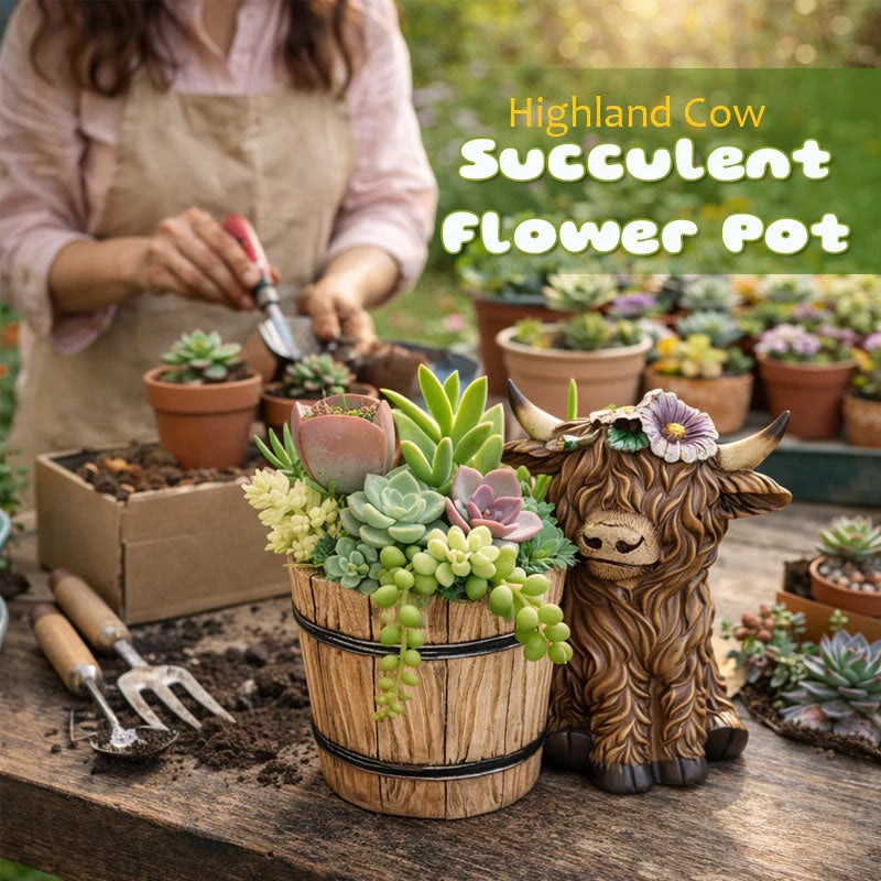 🐮Adorable Ceramic Highland Cow with Wooden Barrel Planter for Succulents