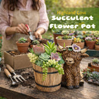 🐮Adorable Ceramic Highland Cow with Wooden Barrel Planter for Succulents