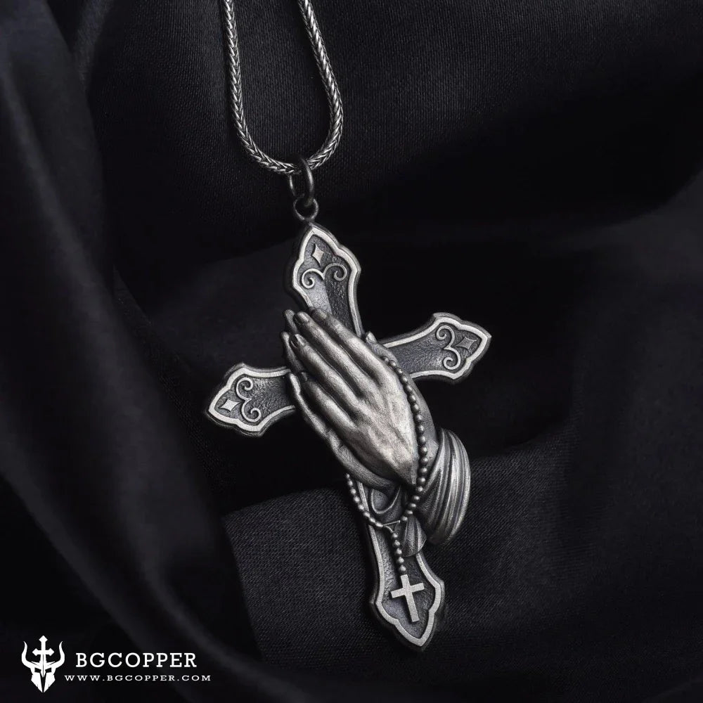 Pure Tin Praying Hand and Crucifix Pendant Necklace