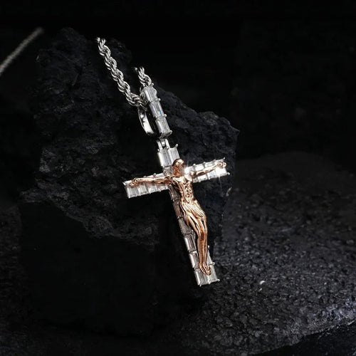 Artisan-Carved Copper Jesus Cross Pendant - Moissanite-Encrusted Hip Hop Religious Necklace