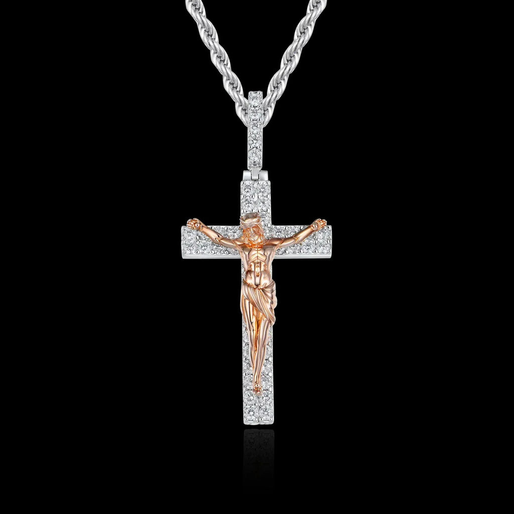 Artisan-Carved Copper Jesus Cross Pendant - Moissanite-Encrusted Hip Hop Religious Necklace