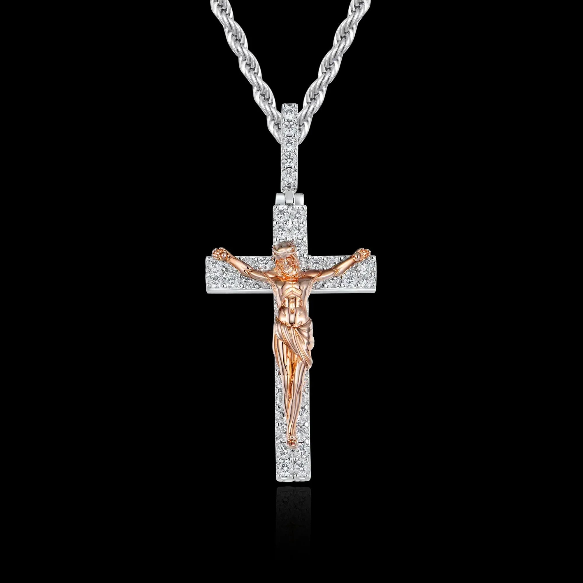 Artisan-Carved Copper Jesus Cross Pendant - Moissanite-Encrusted Hip Hop Religious Necklace