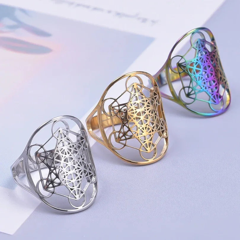 Metatron's Cube Ring Archangel Protection Women Ring Stainless Steel Jewelry