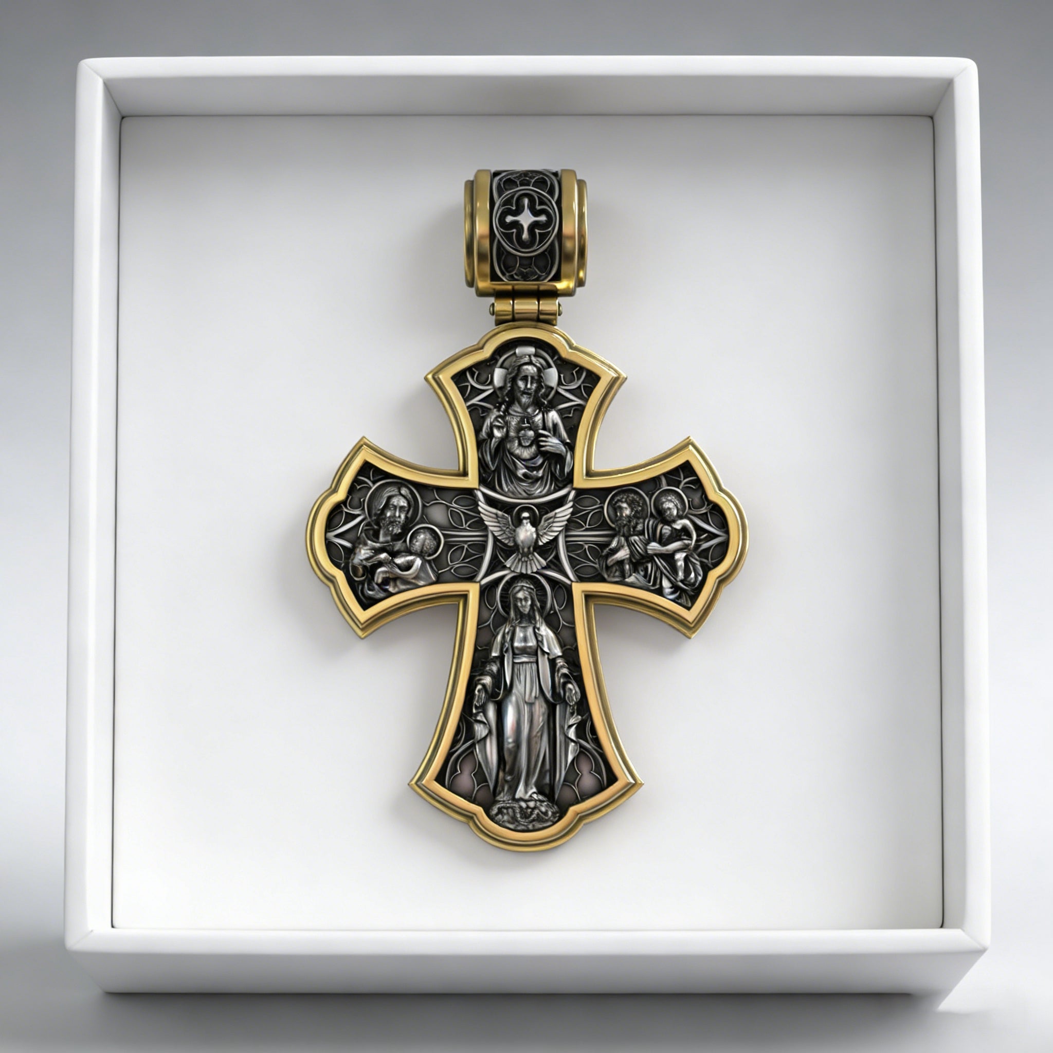 Holy Family of Mary Sacred Heart of Jesus IHS Double-Sided S925 Sterling Silver Cross