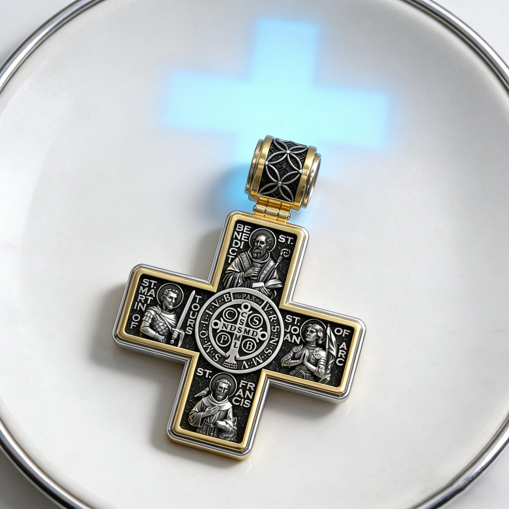 Double-Sided S925K Sterling Silver Sacred Heart and Saint Cross Pendant—Your Daily Spiritual Companion