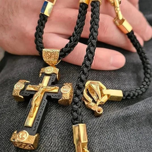Gold-colored Braided Leather Cord Crucifix Necklace