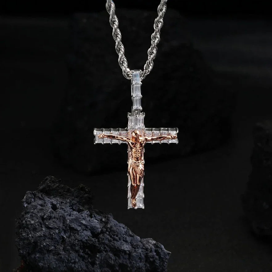 Artisan-Carved Copper Jesus Cross Pendant - Moissanite-Encrusted Hip Hop Religious Necklace