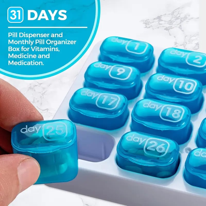 💊Monthly Pill Organizer with Lid - Arthritis-Friendly Easy-Open Lids 31 Removable Daily Pill Pods Date Reminder & Travel Case for Vitamins & Medications