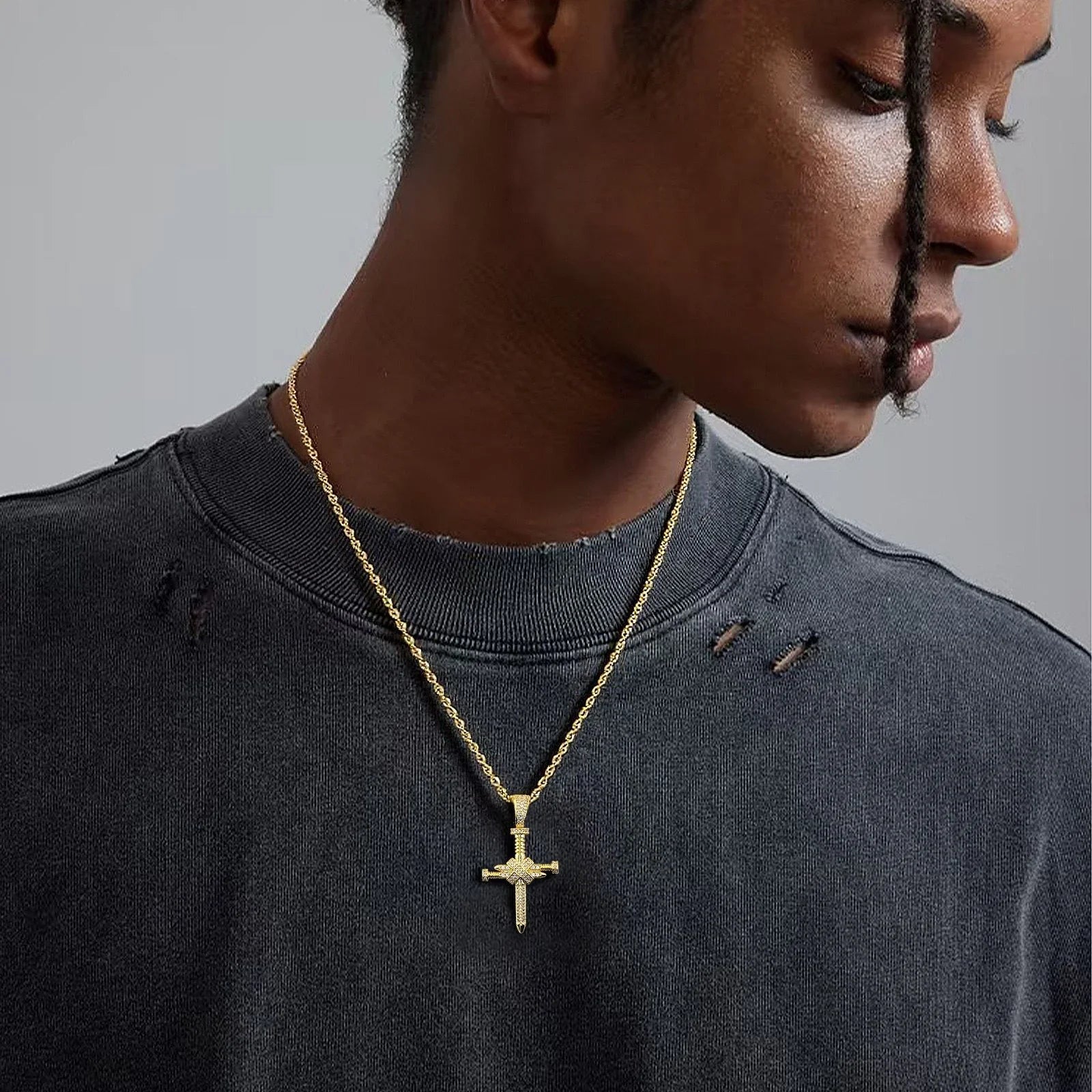 Handcrafted silver-plated copper nail cross pendant - hip-hop style religious necklace