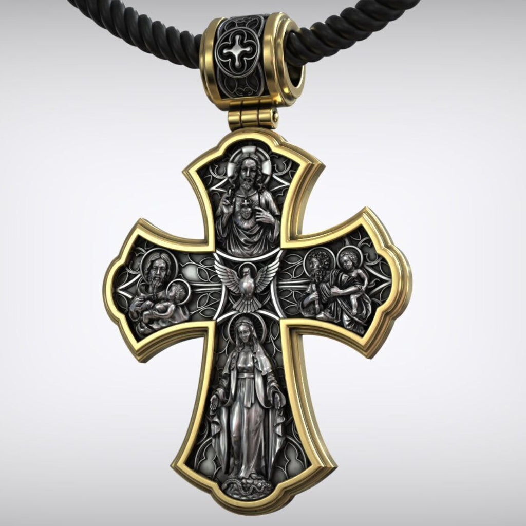 Holy Family of Mary Sacred Heart of Jesus IHS Double-Sided S925 Sterling Silver Cross
