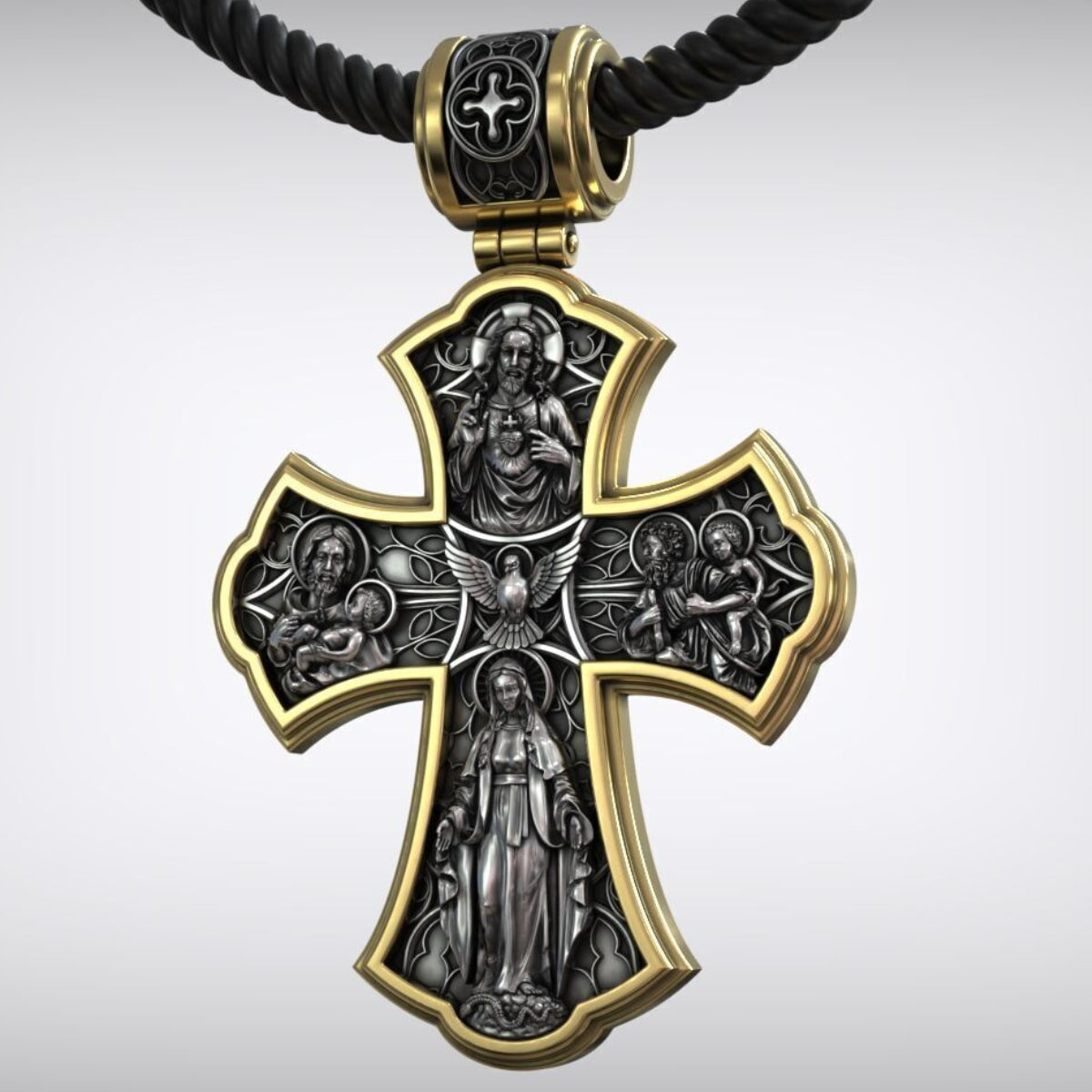 Holy Family of Mary Sacred Heart of Jesus IHS Double-Sided S925 Sterling Silver Cross