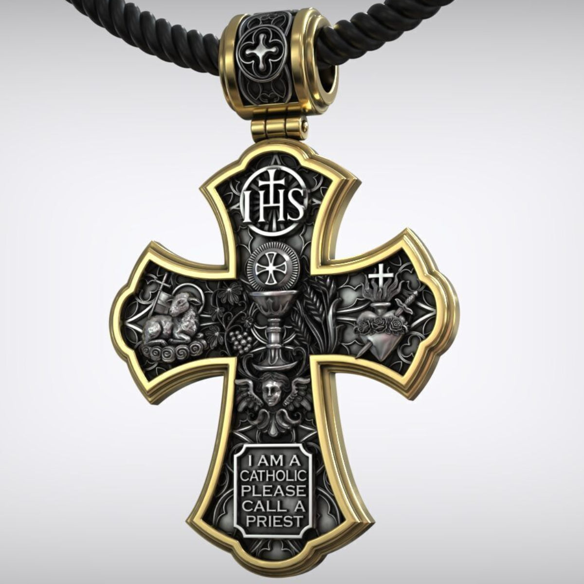 Holy Family of Mary Sacred Heart of Jesus IHS Double-Sided S925 Sterling Silver Cross