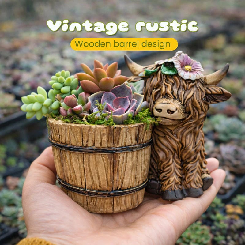 🐮Adorable Ceramic Highland Cow with Wooden Barrel Planter for Succulents