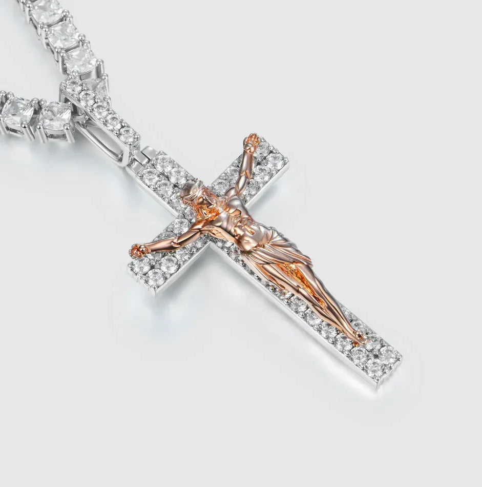 Artisan-Carved Copper Jesus Cross Pendant - Moissanite-Encrusted Hip Hop Religious Necklace