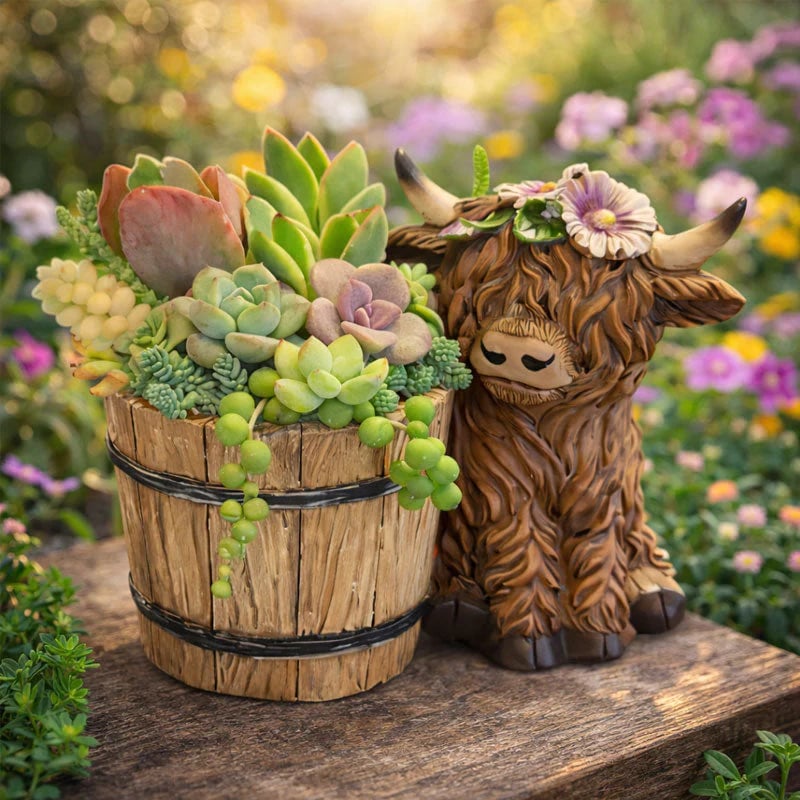 🐮Adorable Ceramic Highland Cow with Wooden Barrel Planter for Succulents