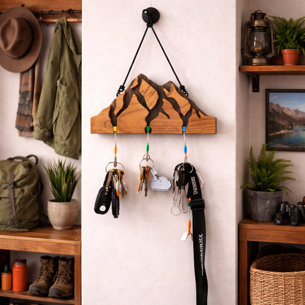 Small Mountain Wood Key Holder with 3 Assorted Climbing Keychain Bundle