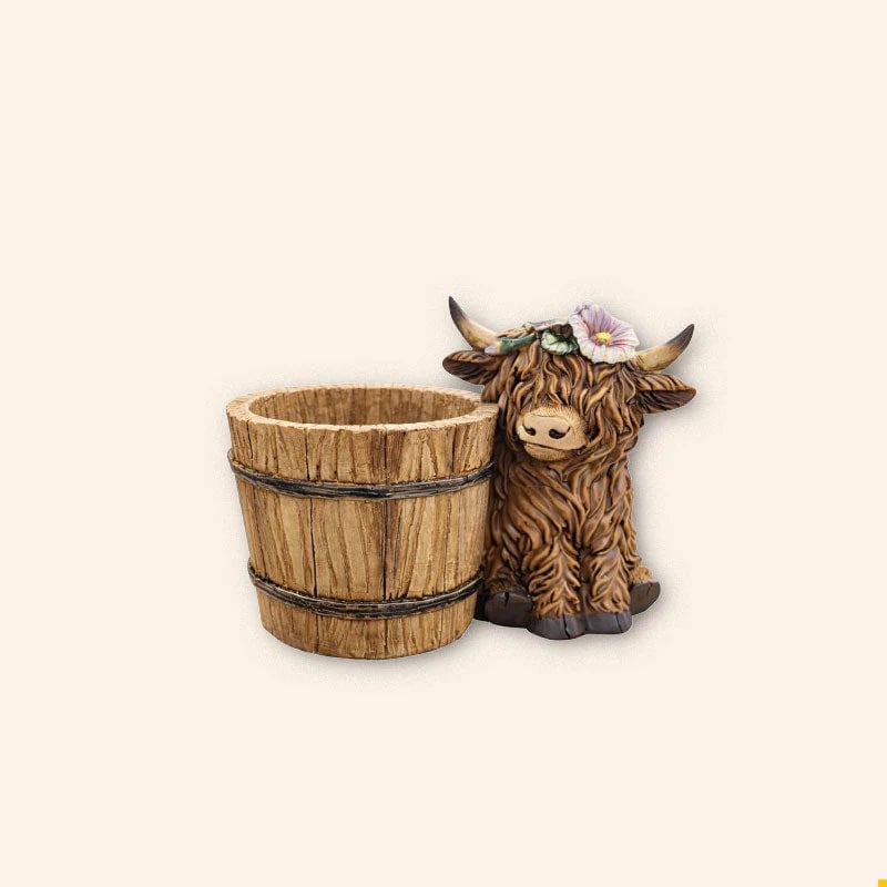 🐮Adorable Ceramic Highland Cow with Wooden Barrel Planter for Succulents