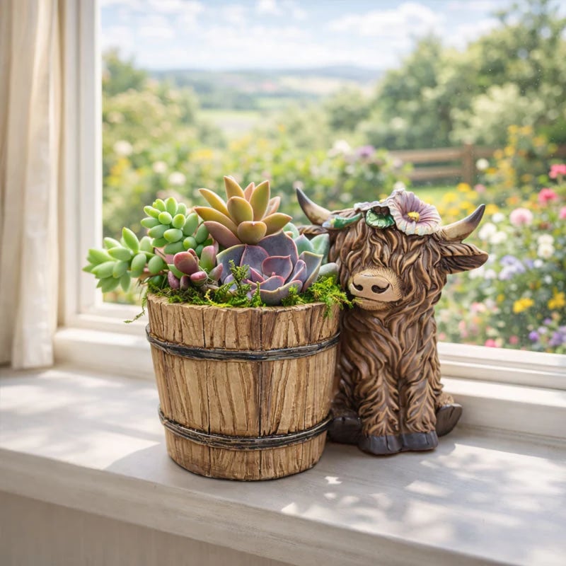 🐮Adorable Ceramic Highland Cow with Wooden Barrel Planter for Succulents