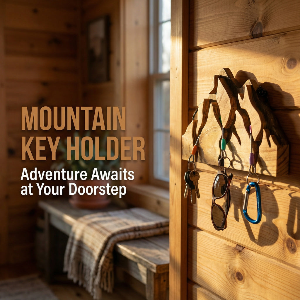 Small Mountain Wood Key Holder with 3 Assorted Climbing Keychain Bundle