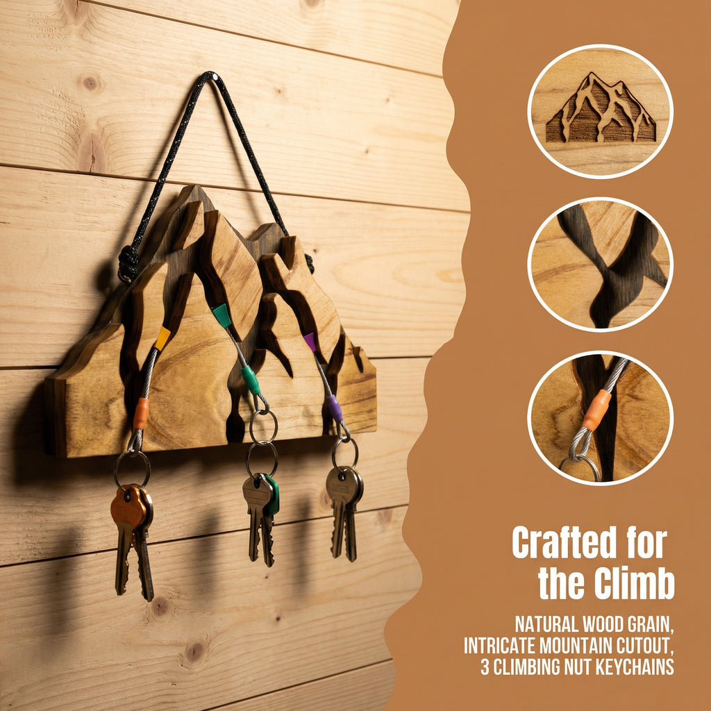 Small Mountain Wood Key Holder with 3 Assorted Climbing Keychain Bundle