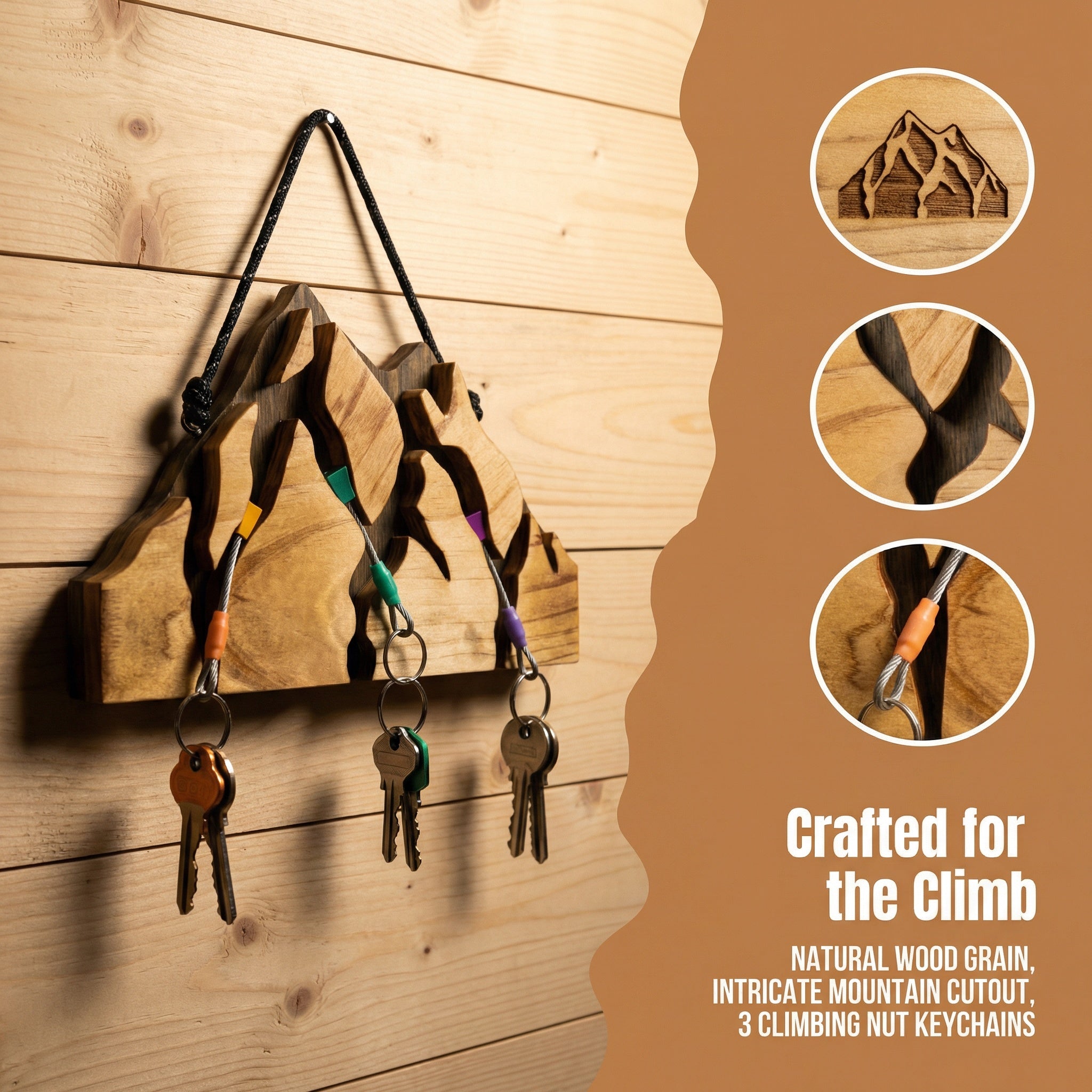 Small Mountain Wood Key Holder with 3 Assorted Climbing Keychain Bundle