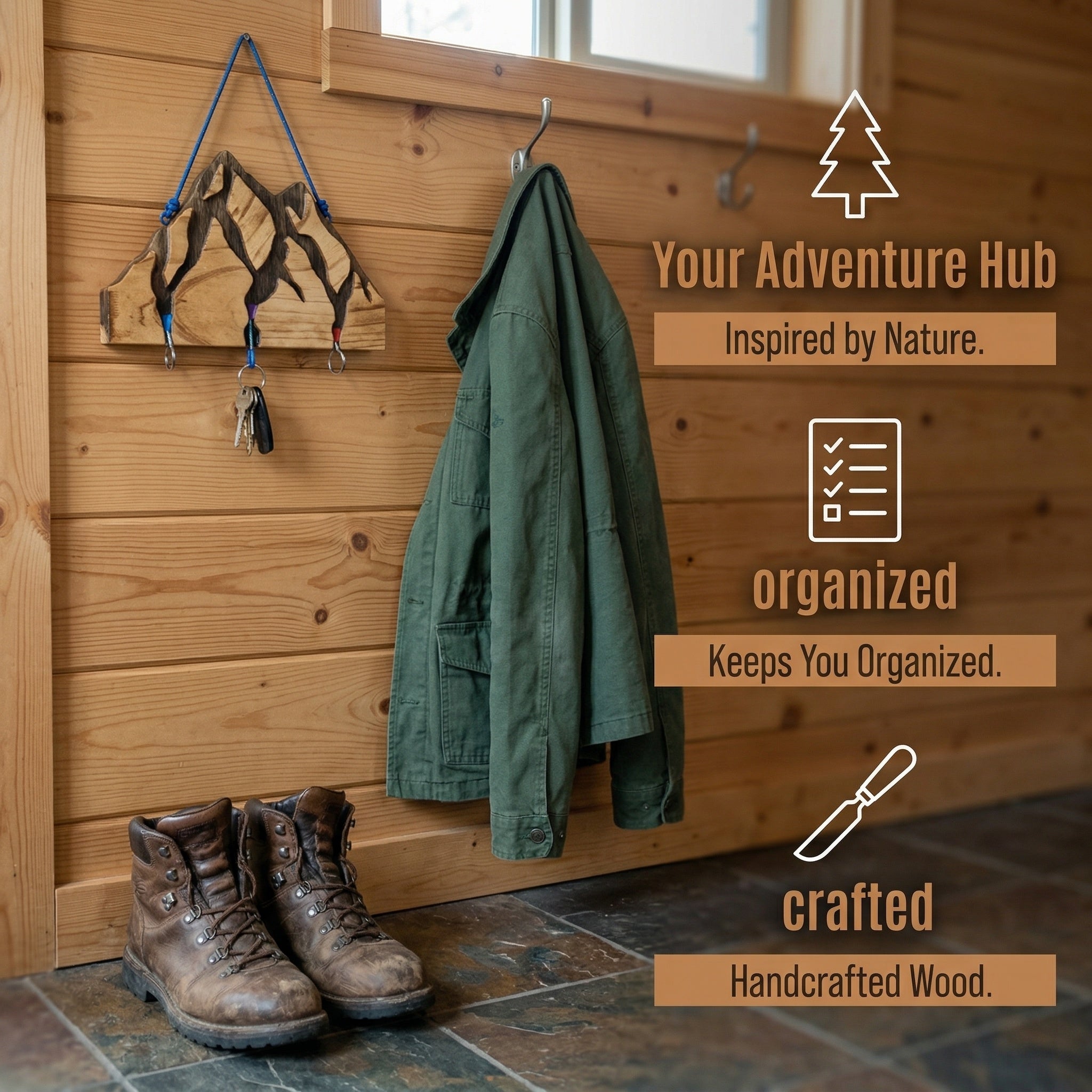 Small Mountain Wood Key Holder with 3 Assorted Climbing Keychain Bundle