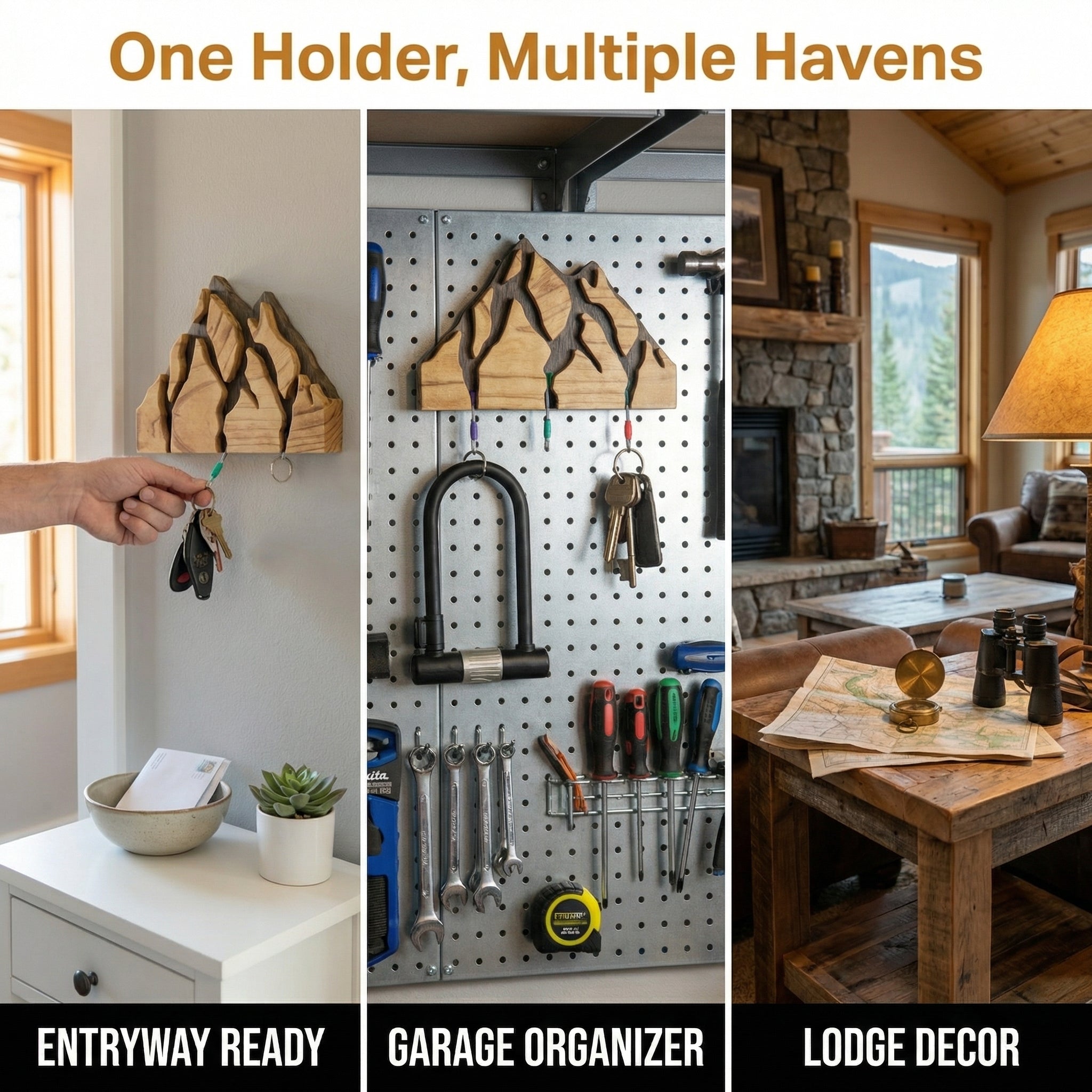 Small Mountain Wood Key Holder with 3 Assorted Climbing Keychain Bundle