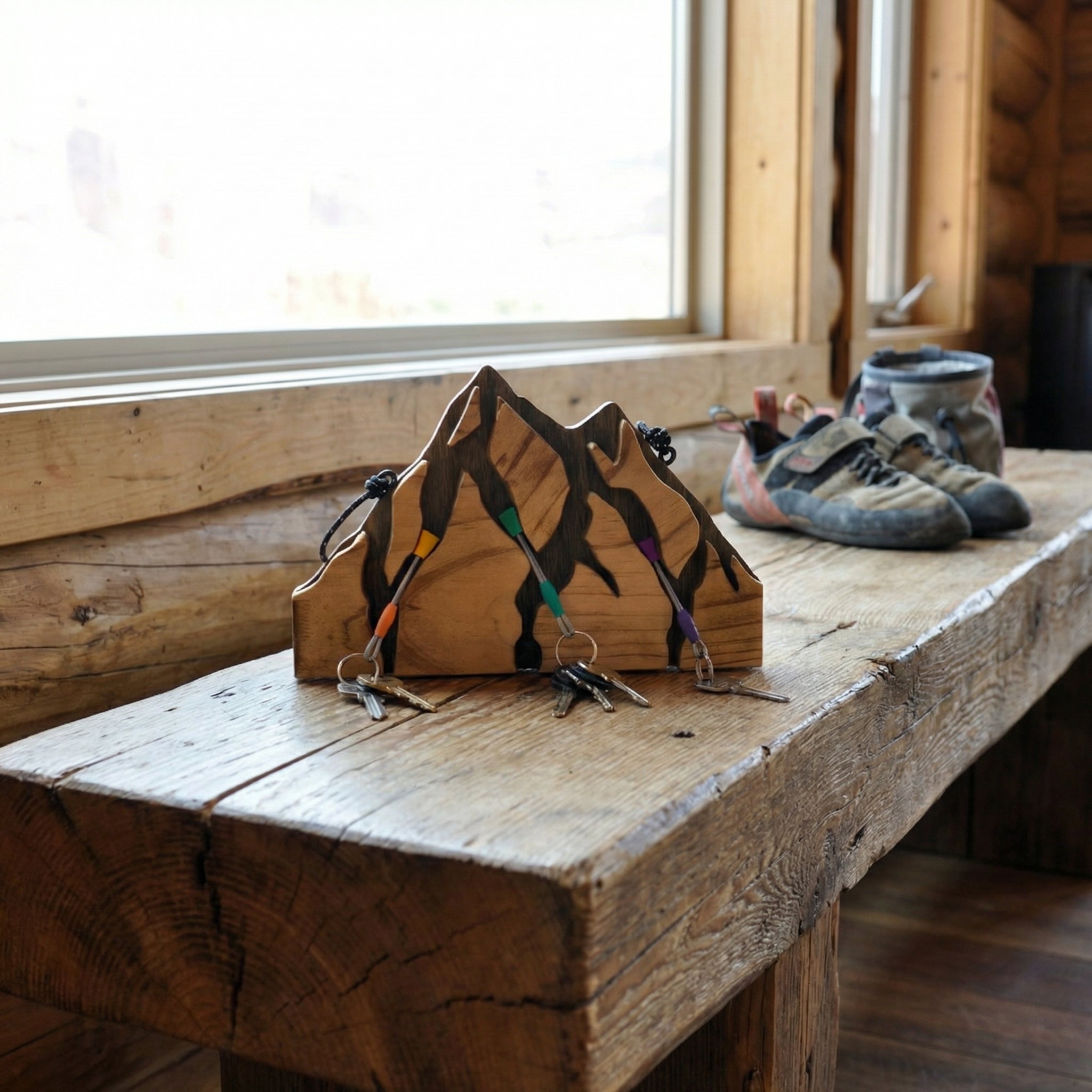 Small Mountain Wood Key Holder with 3 Assorted Climbing Keychain Bundle