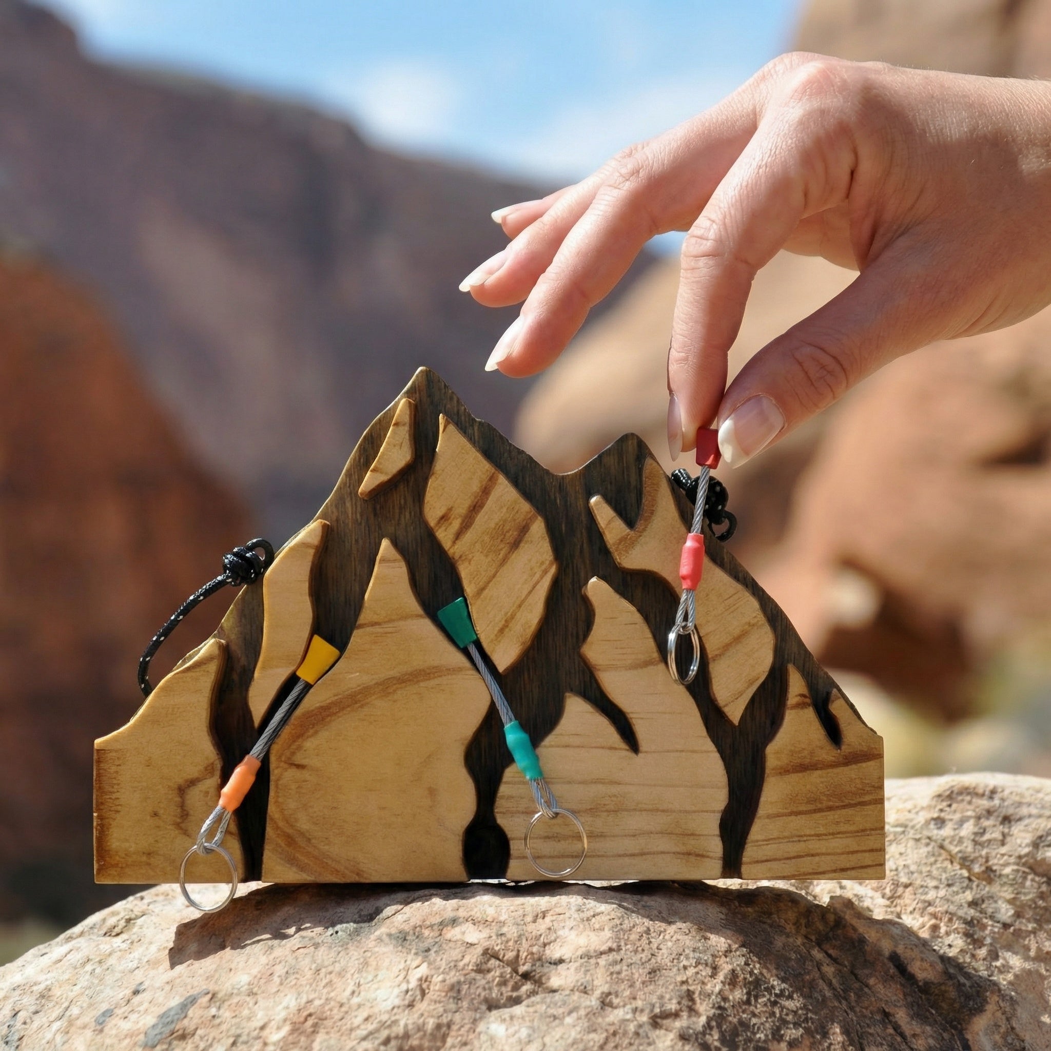 Small Mountain Wood Key Holder with 3 Assorted Climbing Keychain Bundle