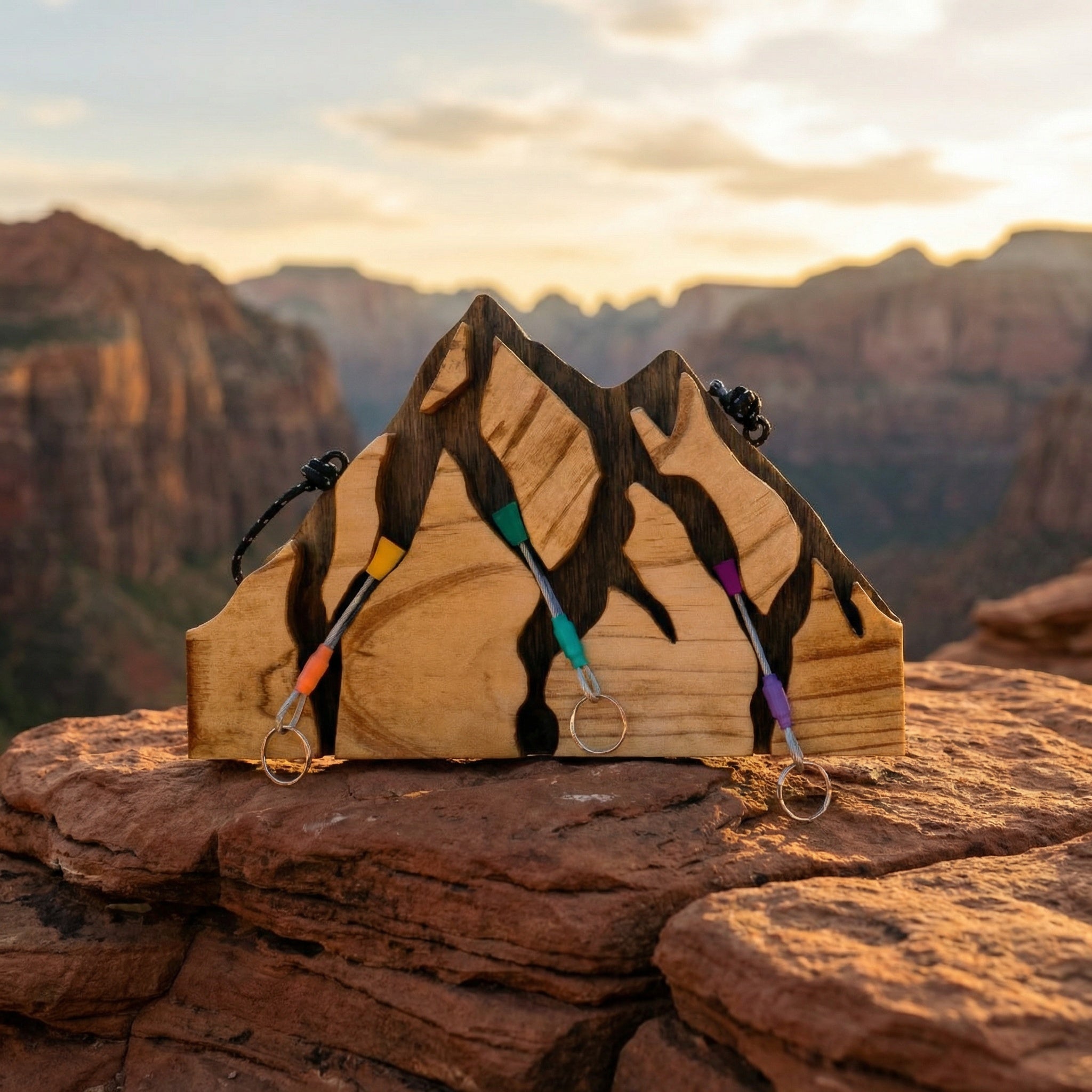 Small Mountain Wood Key Holder with 3 Assorted Climbing Keychain Bundle