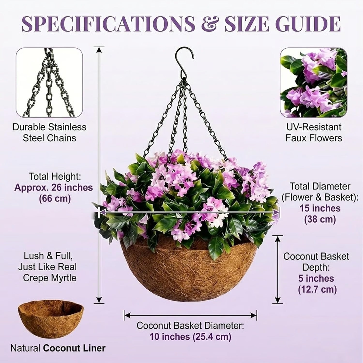🚀UV Fade-Resistant Faux Crape Myrtle Hanging Basket with Coco Liner & Chain